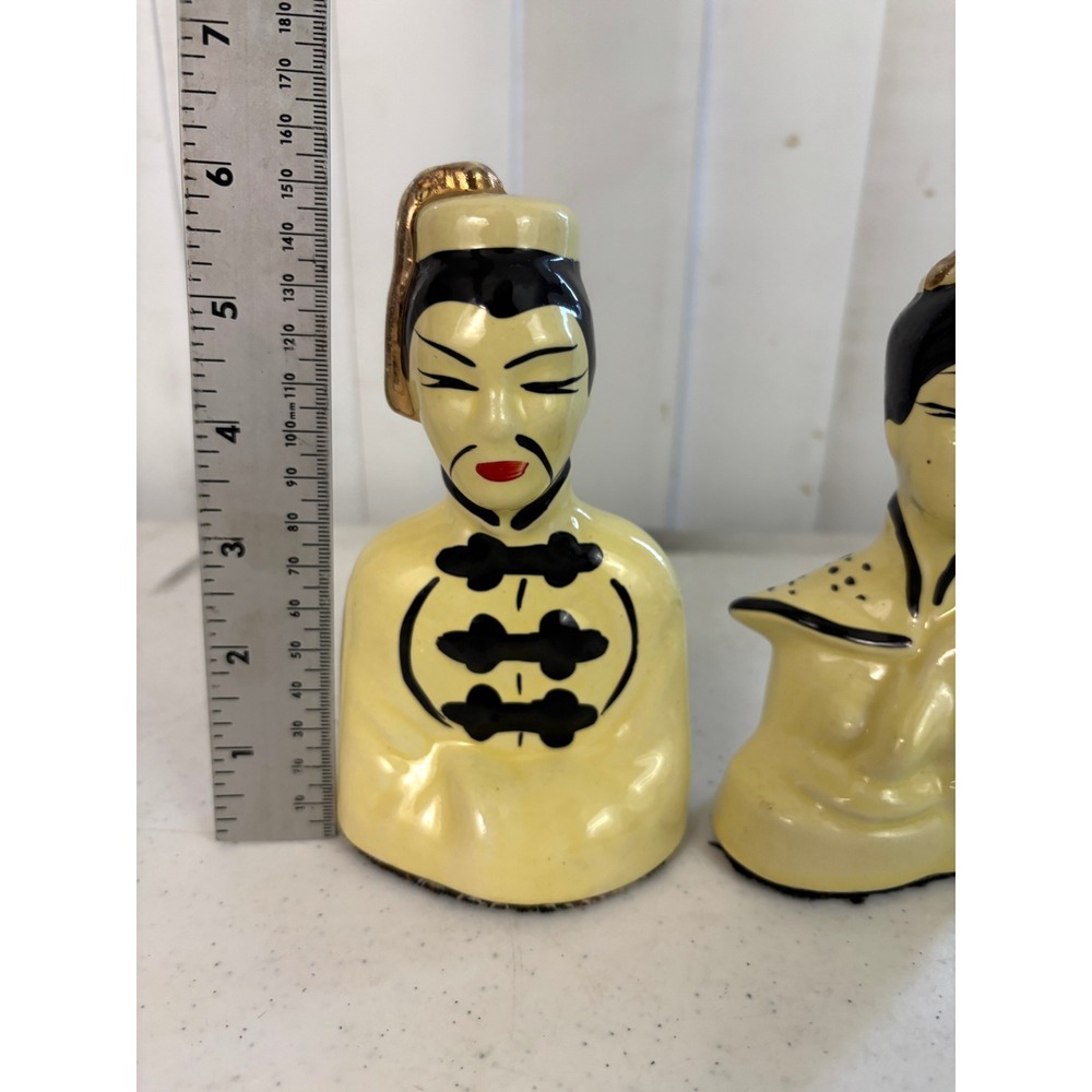 Vintage 1950s Asian Man Woman Ceramic Figurines Pair Yellow Black Gold MCM - Picture 3 of 9